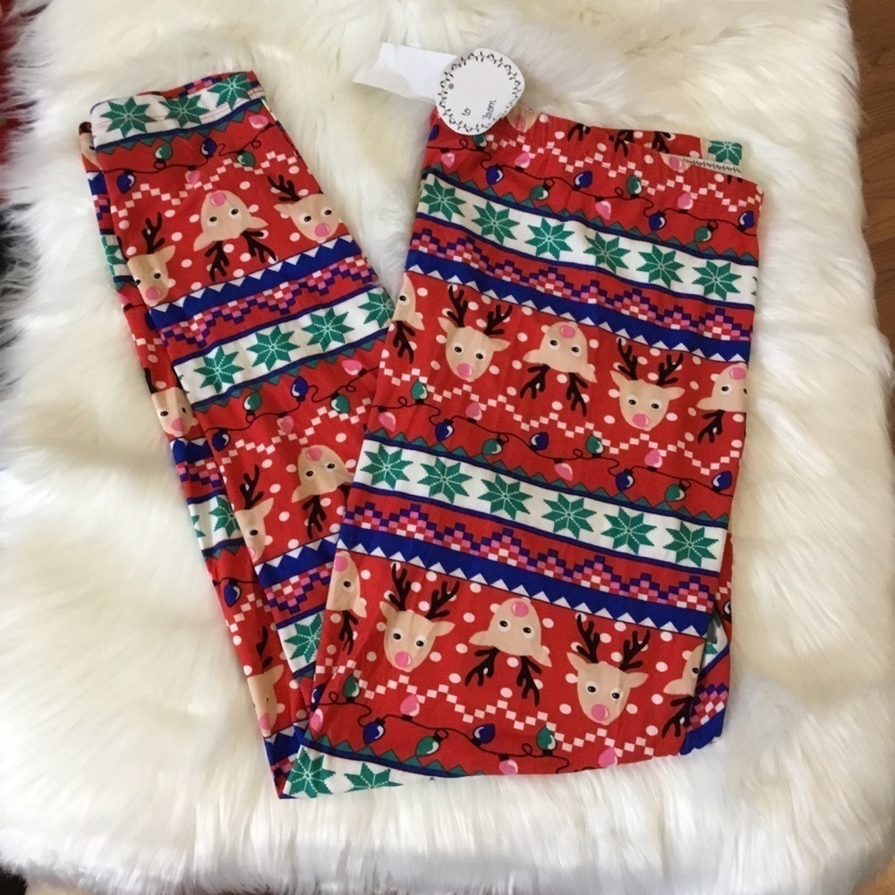 Planet Gold Women’s Plus Size 3X Red Christmas Reindeer Print Leggings NWT